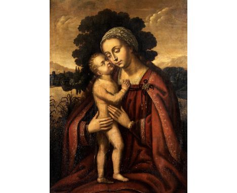 Ambrosius Benson, um 1490/1500 Brügge – 1550, Nachfolge desMADONNA MIT DEM KIND Öl auf Holz. 99 x 71 cm.Das Vorbild zu diesem