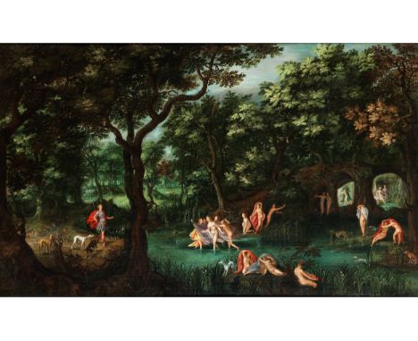 Adriaen van Stalbemt, 1580 Antwerpen – 1662 ebenda AKTÄON BELAUSCHT DIANA UND IHRE NYMPHENBEIM BADEN Öl auf Leinwand. Doublie