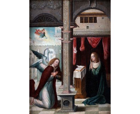 Brüsseler Maler des frühen 16. JahrhundertsDIE VERKÜNDIGUNG AN MARIA Öl auf Holz. 23 x 17 cm.Im Lukasevangelium wird das hier