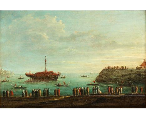 Giuseppe Bernardino Bison,1762 Palmanova – 1844 Mailand BLICK AUF DEN LIDO VON VENEDIG MIT dem Bucintoro Öl auf Holz. 22 x 31