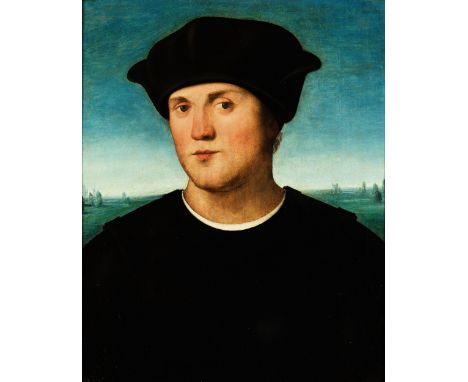 Amico Aspertini, 1475 Bologna – 1552 ebendaBildnis eines jungen Mannes vorweiter LandschaftÖl auf Nussholz.45 x 36 cm.Verso z