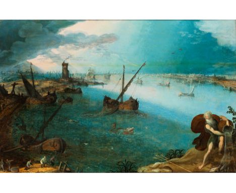 Louis de Caullery, um 1580 Cambrai – um 1621 Antwerpen WEITBLICK ÜBER EINE HAFENBUCHT MIT MEERESGOTT UND FIGURENSTAFFAGE Öl a