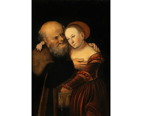 Lucas Cranach d. Ä., 1472 Kronach – 1553 Weimar, Nachfolge desDAS UNGLEICHE PAAR Öl auf Holz. 38,5 x 26 cm. Oben rechts bezei