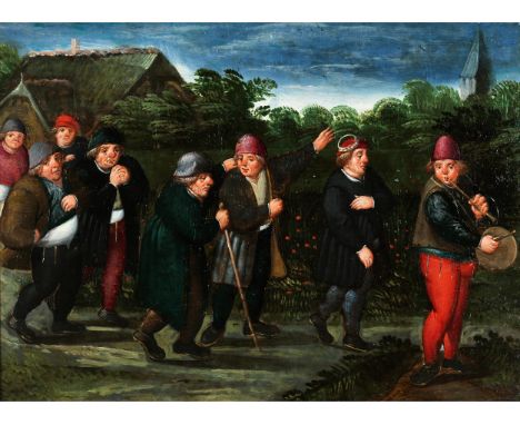 Marten van Cleve, 1527 Antwerpen – 1581 ebendaDER HOCHZEITSZUG DES BRÄUTIGAMS Öl auf Holz. 27 x 36,5 cm.Beigegeben Expertise 