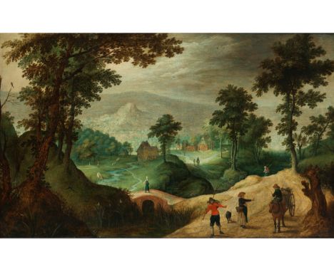 Peeter Gysels, 1621 Antwerpen – 1690/91 ebenda, zug.WEITE BERGIGE LANDSCHAFT MIT REISENDEN AUF EINEM WEG Öl auf Holz, montier
