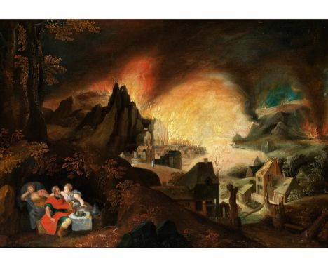 Gillis Mostaert, um 1534 Hulst – 1598 AntwerpenLOT UND SEINE TÖCHTER VOR DEM BRENNENDEN SODOM UND GOMORRAH Öl auf Holz. Teilp