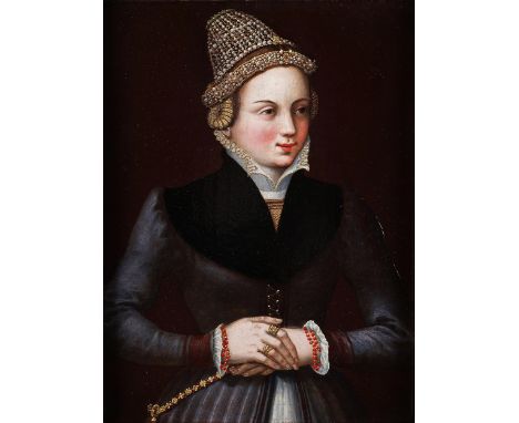 Deutscher Meister um 1530 – 1550PORTRAIT EINER ELEGANTEN HOFDAME&nbsp;Öl auf Holz. 33,5 x 25 cm. In dekorativem RahmenPortrai