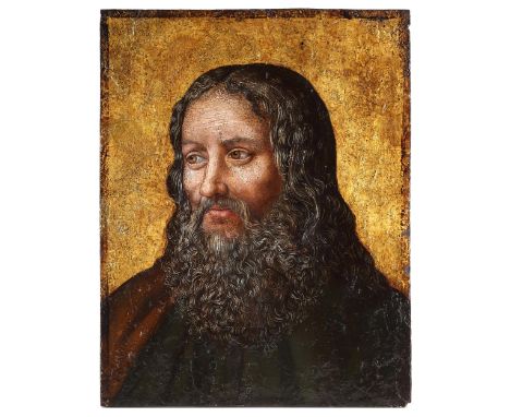 Süddeutscher Maler des 16. JahrhundertsBILDNIS EINES APOSTELS Öl auf Holz. 30,5 x 24 cm. Ungerahmt.Vor Goldhintergrund das Br