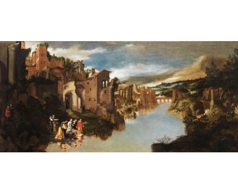 Willem van Nieulandt, 1569 – 1626DIE AUFFINDUNG DES MOSESKNABEN Öl auf Holz. 91 x 186 cm. Rechts unten datiert: 1624 (?). In 