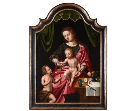 Marcus Gheeraerts d. Ä., um 1530 Brügge – um 1590 LondonMARIA MIT DEM JESUSKIND UND DEM JOHANNESKNABEN AN EINEM TISCH SITZEND
