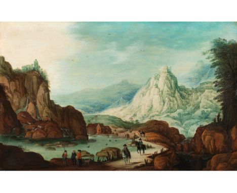 Tobias Verhaecht, 1561 – 1631 Antwerpen, zug.GEBIRGIGE FLUSSLANDSCHAFT MIT REITERN Öl auf Holz. 21 x 32 cm.Von erhobenem Stan