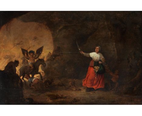 Niederländischer Maler im Stil/ Umkreis von David Teniers d. Ä. (1582 - 1649)FRAU MIT GOLDSCHATZ UND SÄBEL IN EINER RÄUBERHÖH