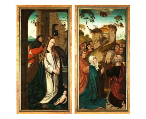 Mittelrheinischer Künstler, um 1530Paar Spätgotische Altar-Tafelbilder ANBETUNG DES KINDES IN BETHLEHEM sowie HIMMELFAHRT CHR