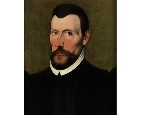 Deutsche Schule des 16. JahrhundertsPORTRAIT EINES VORNEHMEN HERREN Öl auf Holz. 44 x 36 cm. In dekorativem Rahmen. Brustbild