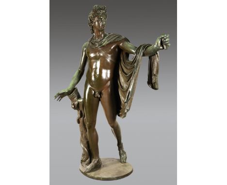 Monumentale Skulptur des Apollo von BelvedereHöhe: 215 cm.Breite: 146 cm. Florenz, Ende 19. Jahrhundert. Bronze, patiniert.Di