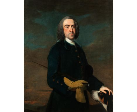 Joseph Highmore,  1692 – 1780, zug.PORTRAIT EINES VORNEHMEN JÄGERS MIT SEINEM HUND Öl auf Leinwand. Doubliert. 125 x 100 cm. 