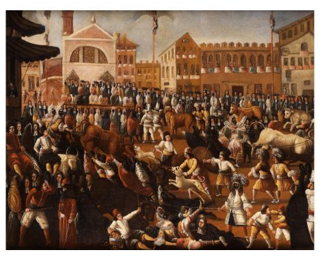 Alessandro Piazza, 1652/65 – 1727, zug.KARNEVALSFEST MIT STIERKAMPF AUF DEM CAMPO&nbsp;SAN POLO IN VENEDIG Öl auf Leinwand. 1