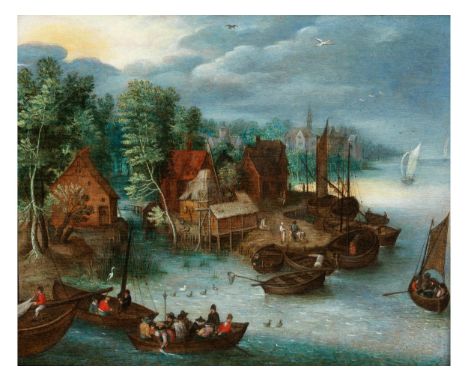 Jan Brueghel d. J., 1601 Antwerpen – 1678WEITE FLUSSLANDSCHAFT MIT SCHIFFEN UND FIGUREN Öl auf Holz. 19 x 24,5 cm.Beigegeben 
