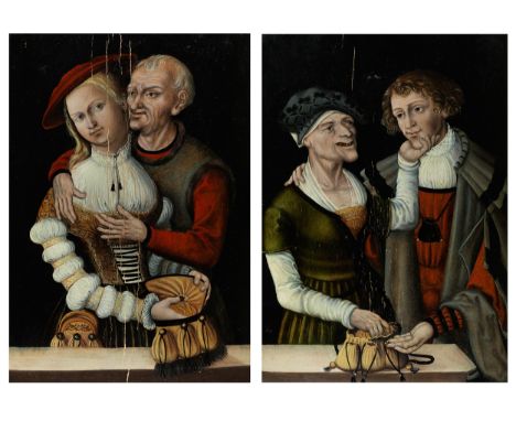 Mitteldeutscher Maler des 16./ 17. Jahrhunderts in der Lucas Cranach-NachfolgeGemäldepaarKÄUFLICHE LIEBEÖl auf Holz. Je 34,3 