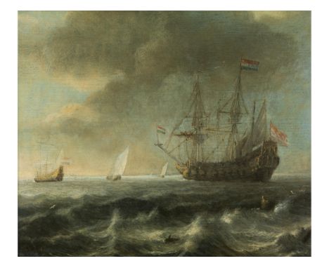 Simon Jacobsz. de Vlieger, um 1600 Rotterdam – um 1653 WeespPRACHTVOLLER DREIMASTER AUF HOHER SEE Öl auf Holz. Parkettiert. 2