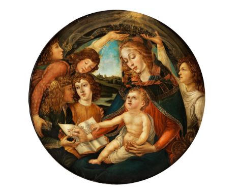 Sandro Botticelli, 1445 Florenz – 1510 ebenda, UmkreisMADONNA DEL MAGNIFICAT Öl auf Holz. Teilparkettiert. Durchmesser: 90 cm