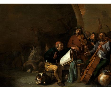 Cornelis Saftleven, um 1607 Gorkum – 1681 RotterdamDAS BAUERNKONZERT Öl auf Holz. 36 x 48,5 cm. Links unten Reste einer Signa