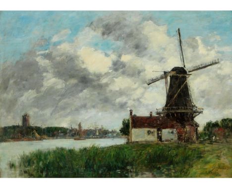Eugène Boudin, 1824 Honfleur – 1898 DeauvilleDORDRECHT, MOULIN SUR LES BORDS DE LA MEUSE, 1875Öl auf Leinwand.55 x 74 cm. Rec
