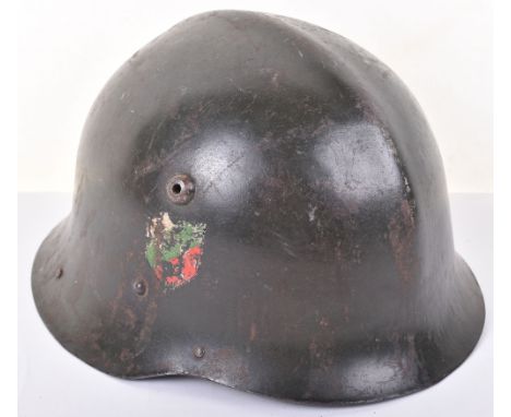 WW2 Bulgarian Steel Helmet, dark olive green finish.  Bulgarian white/green/red decal on right side.  With original liner &am