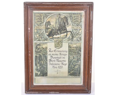 Imperial German Large and Impressive Framed and Glazed Certificate of Service in the 120th Reserve Infantry Rgt. (Inf.-Rgt Ka