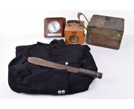 Mixed Militaria, including well worn Queen Mary’s Regiment Surrey Yeomanry blue patrol tunic; early tin lined wooden cartridg