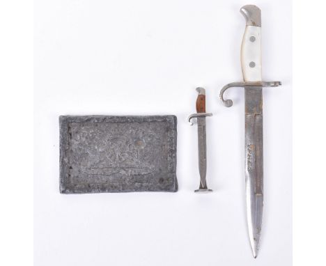 WW1 Commemoratives, consisting of Belgium bayonet letter opener with YPRES engraved to the blade and mother of pearl handle; 
