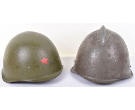 Soviet Russian WW2 Steel Helmet, Olive paint, red star on front.  Dated inside ‘.1943’.  Original liner &amp; chinstrap.  Goo