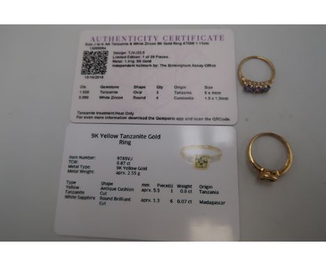 Two 9ct rings. To include a yellow tanzanite with diamond shoulders, size O. An oval tanzanite three stone with zircon highli