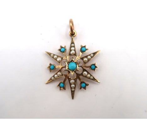 A 9ct yellow gold Edwardian turquoise and seed pearl star burst pendant, head size approx 26mm x 21mm, not including the jump