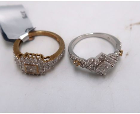 Two 9ct gold diamond cluster rings. To include a yellow gold square cluster - 0.75ct, size K.  A bi-colour cluster ring - 0.5