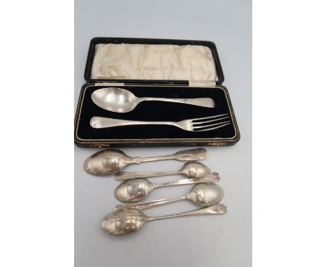 A silver christening set of spoon and fork and five various further silver teaspoons, total silver weight 3.70toz.