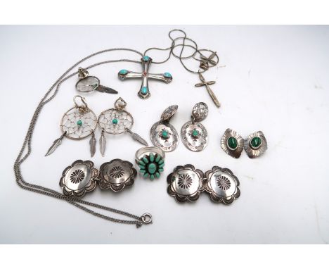A group of Mexican or Southern US, Native American silver and turquoise jewellery, including dream catcher earrings and pin, 