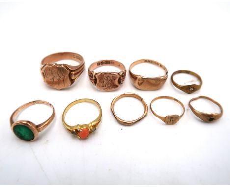 Eight 9ct gold hallmarked, stamped and tested rings - sizes U, R, N, K, J, F, D &amp; E - total weight approx 21.4 grams