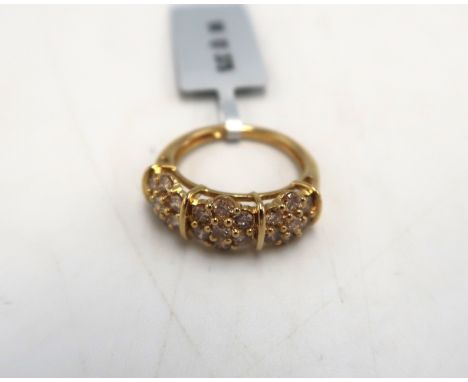 A 9ct gold champagne diamond triple cluster ring. Diamond weight 1ct. Size K. Weight 3.18 grams