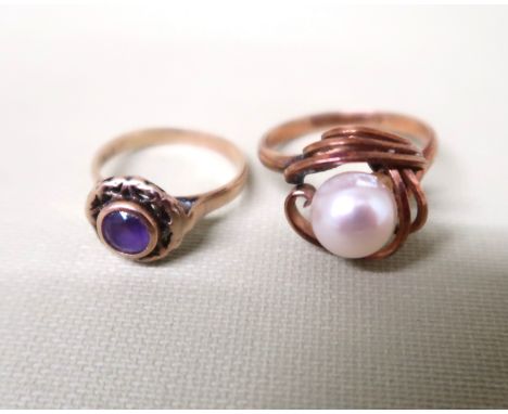 Two 14ct gold dress rings, comprising a rose gold and pearl dress ring, size M, 3.4g and an amethyst set ring, size H, 1.7g, 