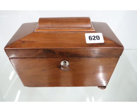 A George III mahogany tea caddy, a/f key missing and missing ne foot, 20cm wide.