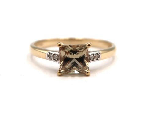 A 9ct yellow gold square cut diaspore with diamond shoulders ring, head size approx 7mm x 7mm, size R/S