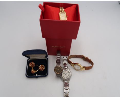 A group of four costume quartz watches, comprising Swiss Army, Fonteray, Romanson and Tissot, together with a goldstone and p