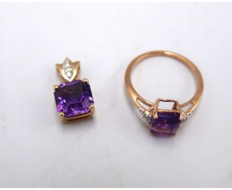 A 9ct gold amethyst and diamond dress ring, size K. Together with a similar pendant. Hallmarked gold 9ct. Total weight 3.29 g