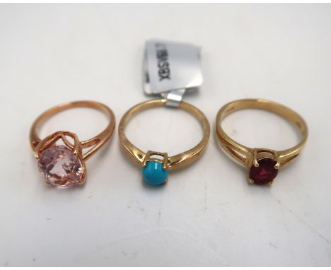 Three single stone 9ct gold rings. To include Kunzite, size K,  Rubellite,  size N 1/2, and Turquoise, size O. Total weight 5