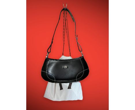 AIGNER vintage 2005 black leather top handle handbag. White stitching with silver hardware. Comes with dust-bag and original 