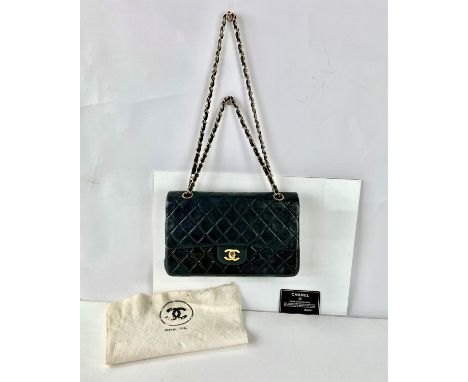 CHANEL vintage 1989-1991 black/dark quilted navy lambs leather double flap bag with gold hardware and burgundy leather lining