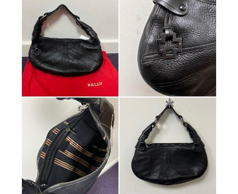 One black leather top handle vintage BALLY handbag with key fob and red dust bag. Brushed silver hardwareCondition Report:  E