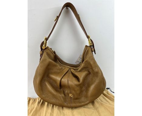 One BURBERRY light brown leather handbag with top handle and zip and gold coloured hardware. Burberry check lining, care card
