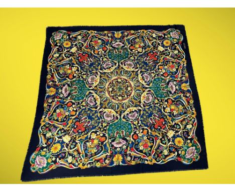 GUCCI very large vintage navy blue and floral shawl silk and wool with fringe probably by Vittorio Accornero. Addendum: Measu